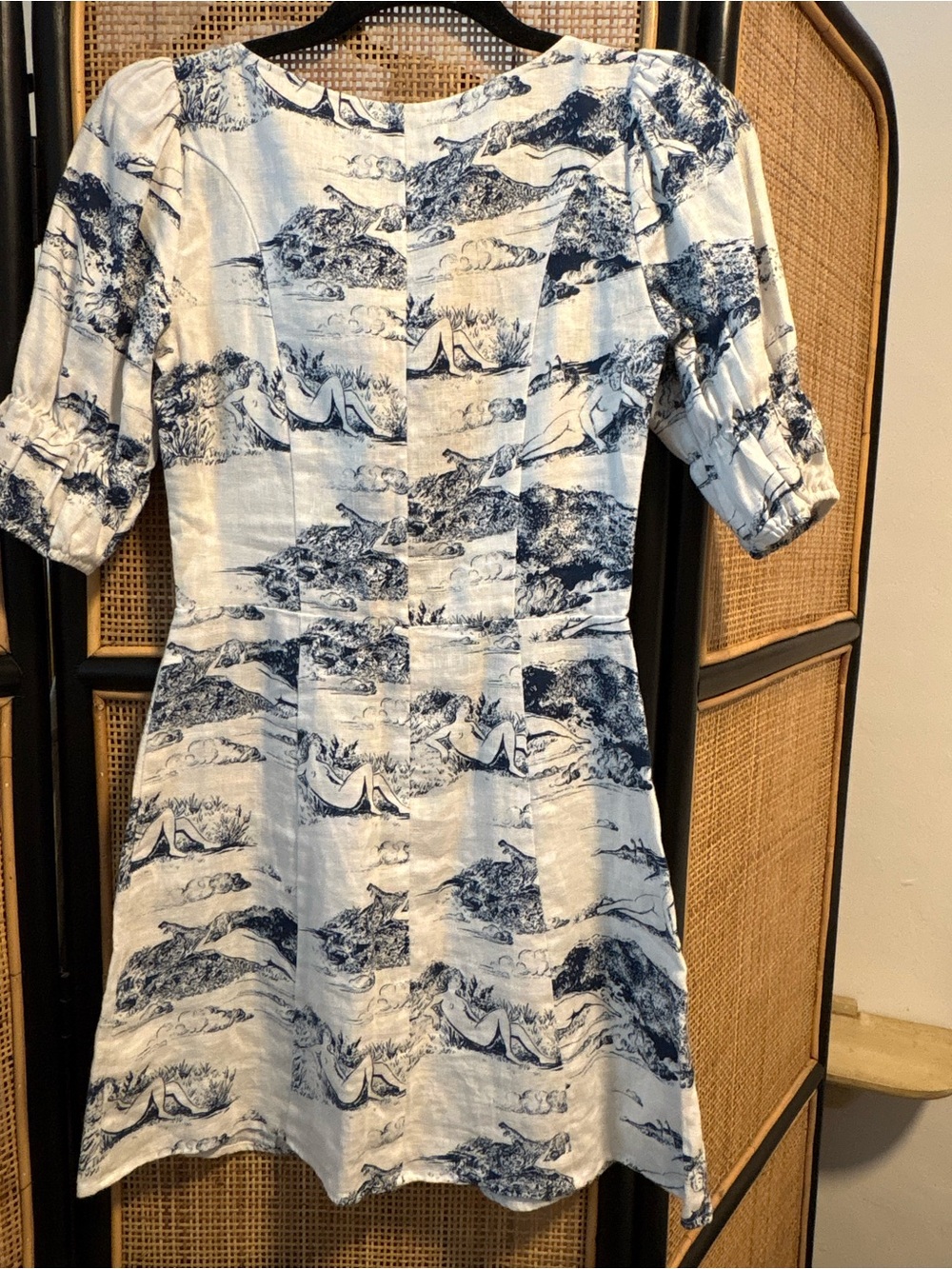 Linen Reformation Clay Dress in Covina. Blue & White Cutout Mini Dress. - Picture 3 of 6
